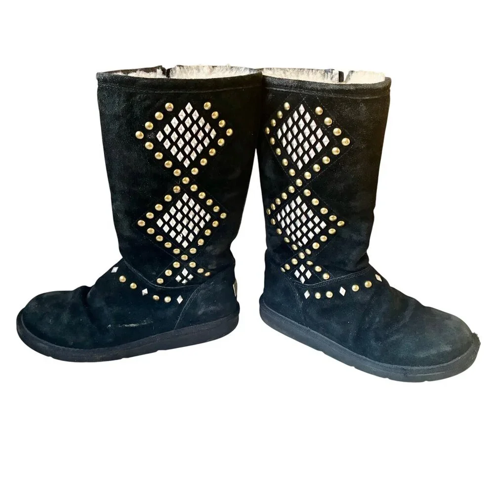 UGG Australia Avondale Black Suede Shearling Tall Boots Studs Side Zip Womens 10